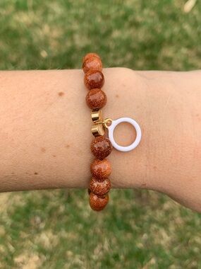 {Handmade} Brown Beaded Bracelet with White Ring Charm